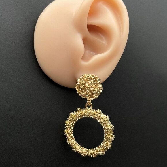 Yellow Gold Double Round Circular Textured Dangling Drop Post Back Earrings - Picture 9 of 10